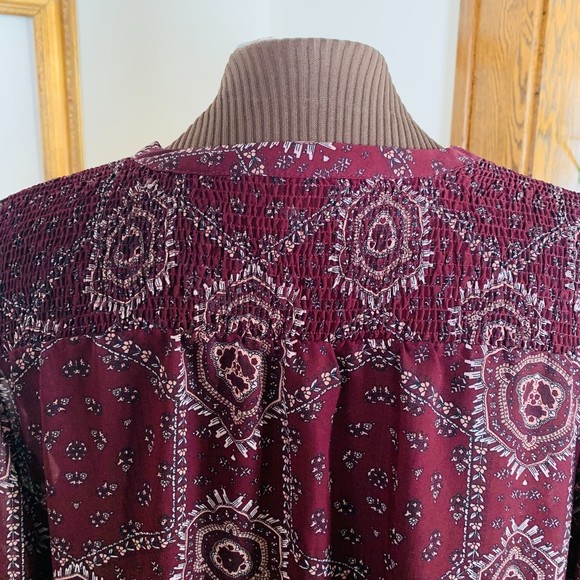 MAURICE'S Burgundy Print Boho Top - L/S Semi Sheer Shoulder Smocking V-Neck XL - Picture 7 of 11